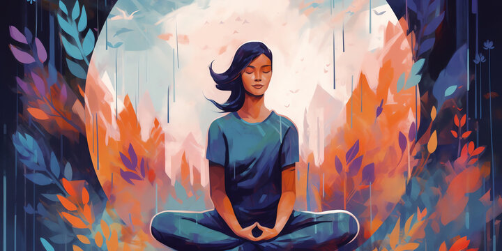 Person sitting on beach, with waves gently crashing in background. person in relaxed pose, with seagulls flying in the distance. meditation positive affirmations.Generative AI.