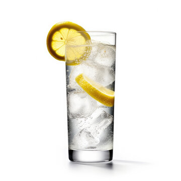 A fizzy tom collins cocktail in a collins glass, isolated on a white background, created by Generative AI