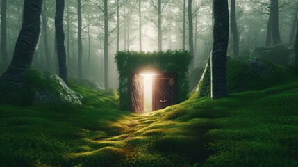 Portal in the forest. mysterious open hatch door in the forest. generative ai