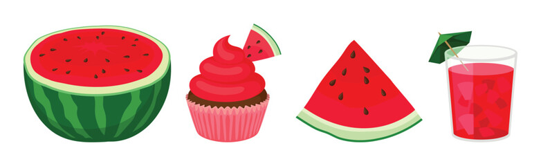 Fresh and Juicy Watermelon Fruit with Drink Glass and Cupcake Vector Set