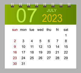 July 2023. Vector monthly calendar template 2023 year in simple style for template design. Week starts from Sunday.