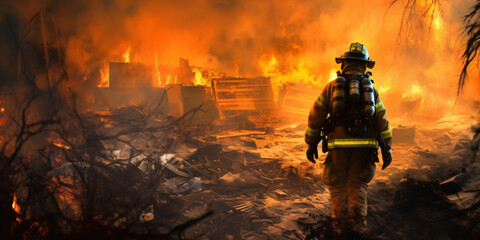 firefighter runs through a burning rubble landscape, generative ai