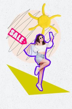 Collage pinup pop image of excited lady recording video vlog summer shopping isolated painting background