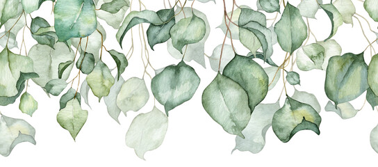 Long seamless banner with green ivy leaves hanging down. Watercolor hand painted botany illustartion for backgrounds, greeting cards - obrazy, fototapety, plakaty