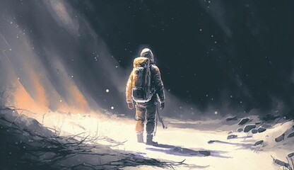 Fototapeta na wymiar alone astronaut walking in snow, illustration painting, Generative AI 