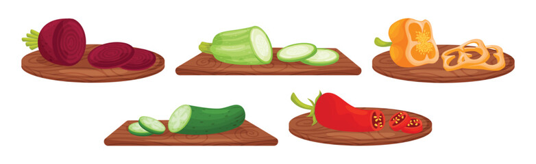 Ripe and Juicy Sliced Vegetables Rested on Cutting Board Vector Set