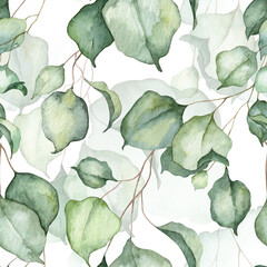 Square seamless pattern with green realistic leaves. Watercolor hand painted botany illustration for wallpapers and wrapping paper design