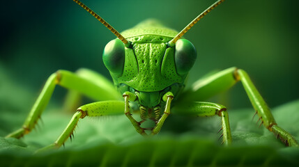 Close-up of a green grasshopper with green leaf background. Wildlife animals. Generative AI. - obrazy, fototapety, plakaty