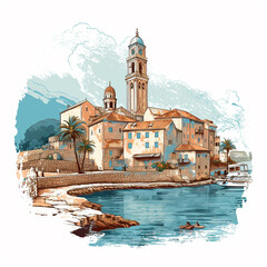 Historic old town and Church bell tower at seaside watercolor illustration. Generative AI Image.	