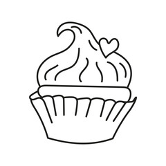 Isolated doodle cake, cupcake black and white. Outline vector illustration Icon sweets concept.