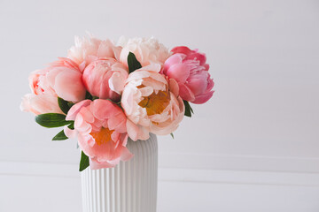 Beautiful bouquet of fresh coral peony flowers in full bloom in vase. Floral still life with blooming peonies. Negative space for text.