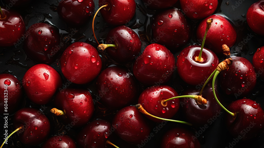 Wall mural Fresh ripe cherries with water drops background. Berries backdrop. Generative AI