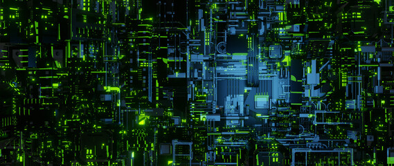 Sci-fi Futuristic Digital Circuit Board With Vibrant Neon Lines Digital Revolution Reflective Background Time Travel Paradoxes