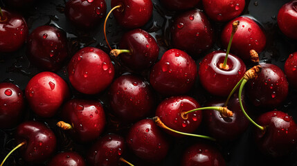 Fresh ripe cherries with water drops background. Berries backdrop. Generative AI