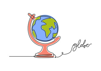 Globe - School education object, one line drawing continuous design, vector illustration.
