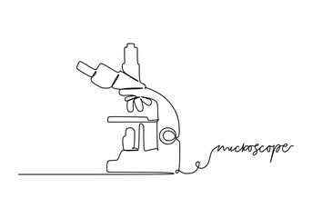 Microscope - School education object, one line drawing continuous design, vector illustration.