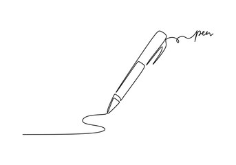 Pen - School education object, one line drawing continuous design, vector illustration.