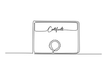 Certificate - School education object, one line drawing continuous design, vector illustration.