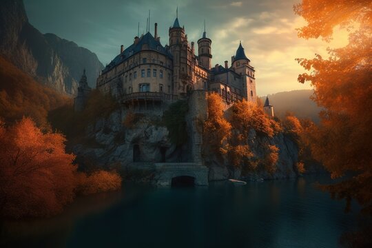 a big castle perched on a cliff overlooking a lake in the distance. Generative AI