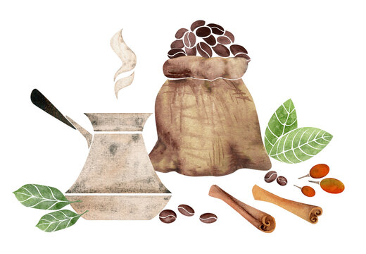 Watercolor hand drawn composition with coffee copper pot, cezve, jute bag beans leaves cinnamon sticks. Isolated on white background. For invitations, cafe, restaurant food menu, print, website, cards