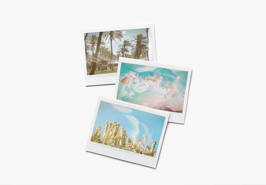 Mockup of customizable instant camera photo prints arranged vertically available against customizable color background