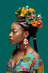 Afro hairstyle with braids and flower decor for elegant black girl,  generative ai