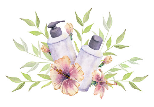 Hand drawn watercolor spa skincare bath beauty products package flowers. Horizontal composition Isolated on white background. Design for wall art, wellness resort, print, fabric, cover, card, booklet.