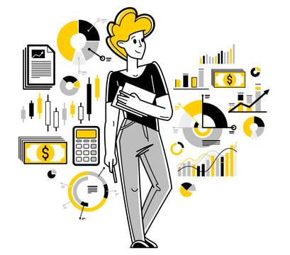 financial analyst holding papers, yellow accents clip art preview