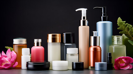 Skincare products, many bottles and jars on a table, flowers, dark background. AI gererated