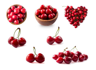 Cherryberries isolated on white. Set of cherry fruits. Cherryberries in different angles. Sweet cherries isolated on white background cutout.