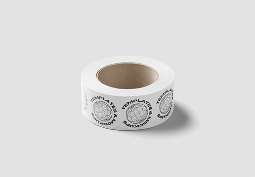 Mockup of customizable printed paper packing tape lying down available against customizable color background