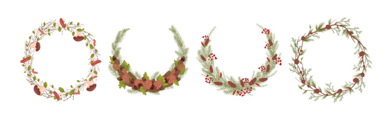 Decorative Wreaths with Branches Entangled with Mushrooms, Berries and Fir Cones Vector Set
