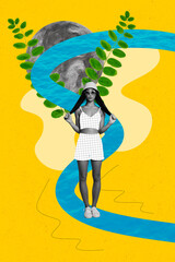 Creative artwork collage painting of impressed funky lady enjoying free time river beach isolated yellow color background