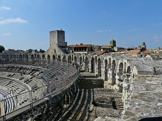 Arles, May 2023 : Visit the beautiful city of Arles en Provence - Historical city with its arena and ancient theater - View on the arena