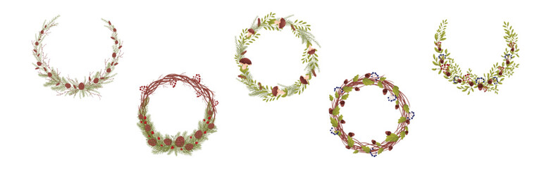 Decorative Wreaths with Branches Entangled with Mushrooms, Berries and Fir Cones Vector Set