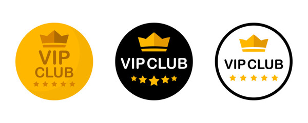 Vip club label, badge or tag. Vip club icons with crown and stars. Round label with three vip level in gold, silver and bronze color. Premium membership icon. Modern vector illustration