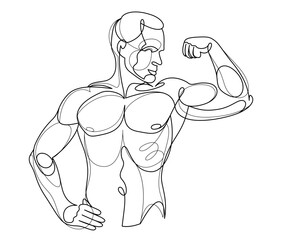 Athletic man torso vector linear illustration, male beauty with perfect muscular fit body posing, artistic drawing of fitness model.