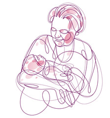 Grandmother and baby child grandson or granddaughter vector linear illustration isolated, grandma holding baby showing love and care.