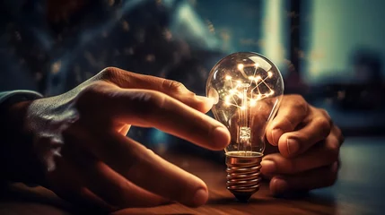 Foto op Plexiglas Man holding a bulb light. Brainstorming or great idea concept. Generative AI. © PhotoGranary
