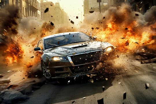 Action-packed image of secret agent engaged in a thrilling car chase, with explosions and debris in the background, highlighting the adrenaline-fueled nature of his missions. Generative AI