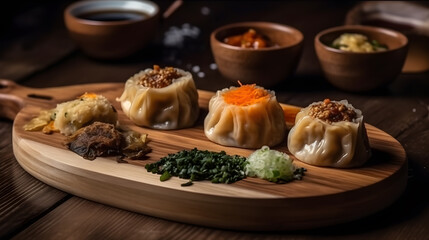 Fototapeta na wymiar Chinese dumplings on a wooden plate ,generative ai