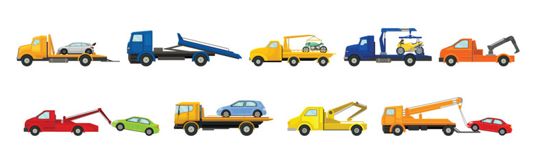 Naklejka premium Tow Truck or Wrecker as Lorry Moving Disabled or Improperly Parked Motor Vehicle Vector Set