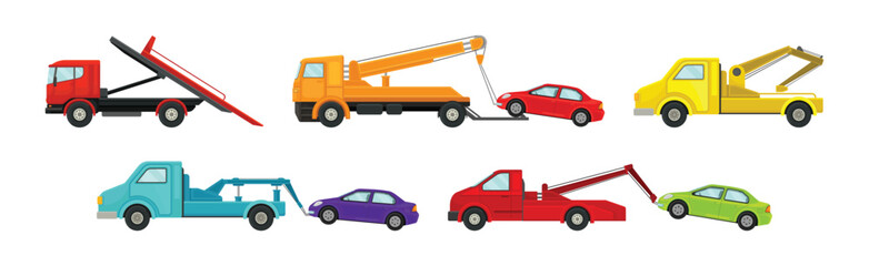 Naklejka na ściany i meble Tow Truck or Wrecker as Lorry Moving Disabled or Improperly Parked Motor Vehicle Vector Set