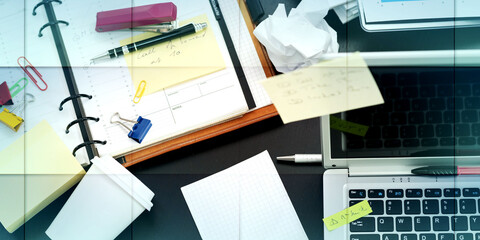 Messy and cluttered desk, geometric pattern