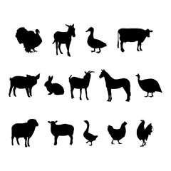 Collection with fonsiluet rural animals on white background. Rural nature background. Vector collection. Vector summer illustration. Vector illustration design. Agriculture background.