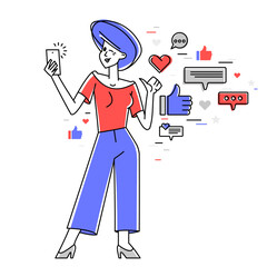 Young person with smartphone phone doing selfie or sharing a video in a social media vector outline illustration.