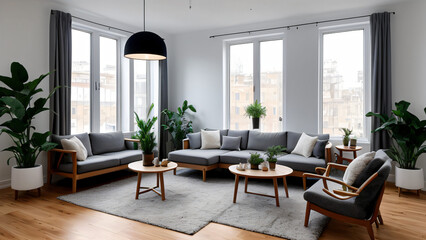 Stylish modern living room bright interior perfect for product background contains grey sofa, lamp, table, wooden floor