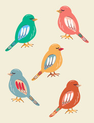Naklejka premium Set of birds in modern style. Doodle. hand drawn. Bright and trendy design. Feathered. Nest. Vector stock illustration. Isolated. Flat style