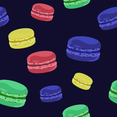Macaroon seamless pattern. Dessert print. Wrapping paper for confectionery, shops and markets. Packaging template and wallpaper.