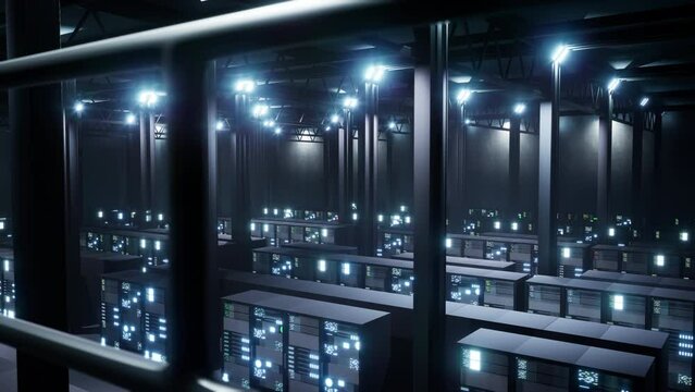 Modern data center with server racks used for cloud computing concept, digital security infrastructure system. Supercomputer server room with big data projection and storage. 3d render animation.